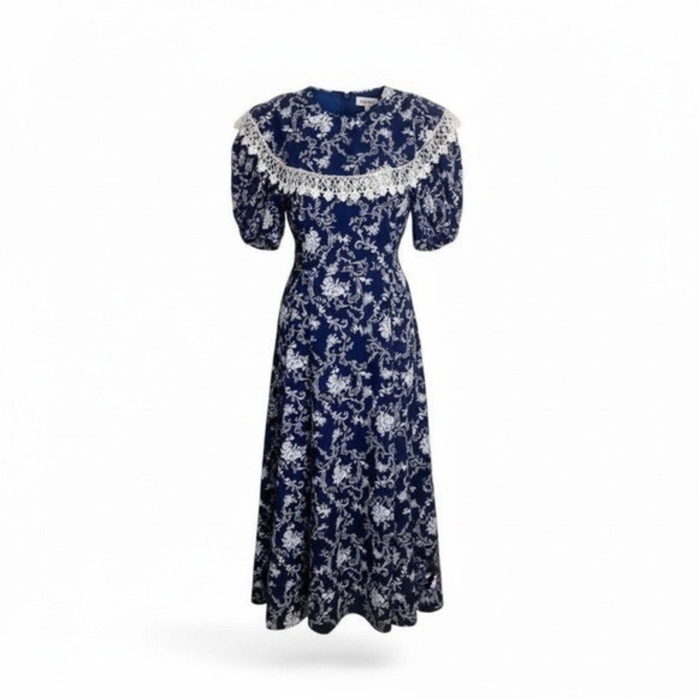 Scott McClintock Dress Size 10 Navy Floral Lace Bib Prairie Vintage Midi